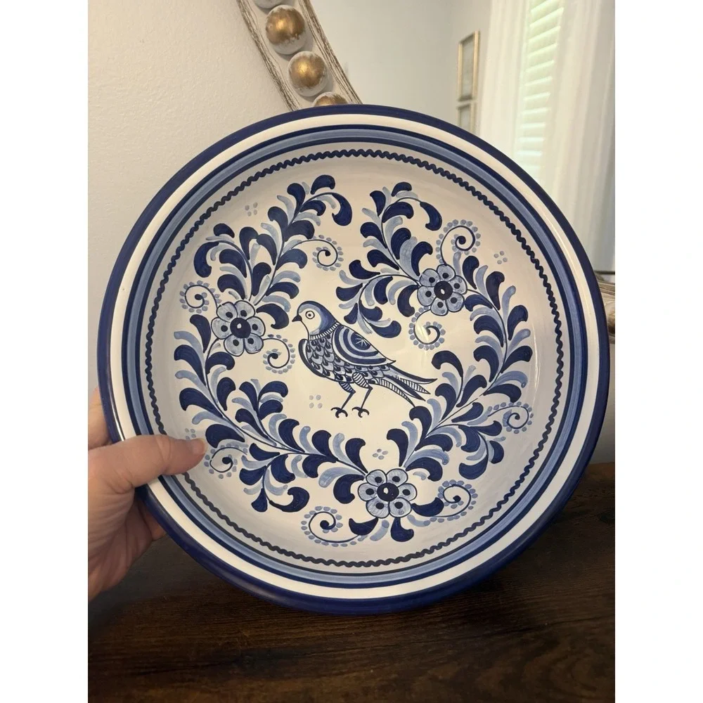 Vintage Ceramica De La Cal Spain Blue White Bird Pottery Bowl 12
